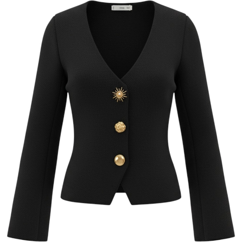 Mango MNG Black Knit Cardigan Gold Sun Button V-Neck Sweater Small NEW